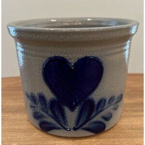 VINTAGE Eldreth Pottery 1999 CROCK Salt-Glaze STONEWARE Blue HEART 6” x 4.75"